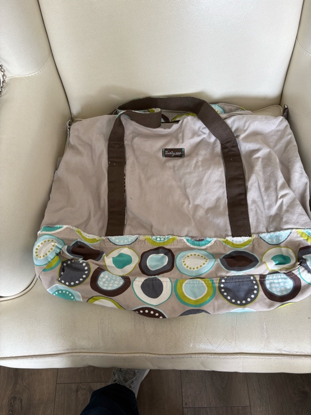thirty-one Neutral Canvas Tote with Teal & Brown Accent Circles